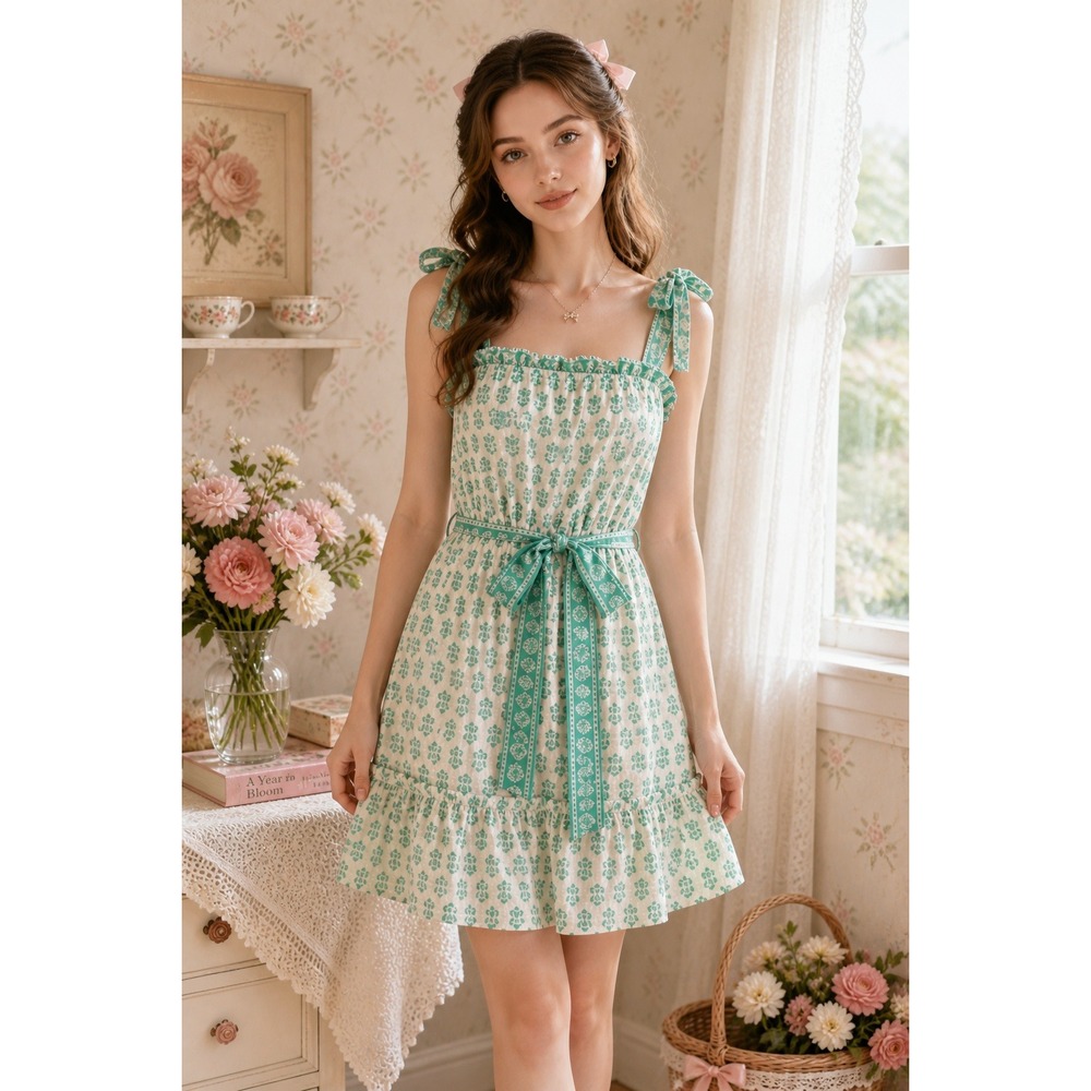 Soho Floral Bow Tie Strap Dress L Green Cottagecore Boho Prairie Coquette Girl